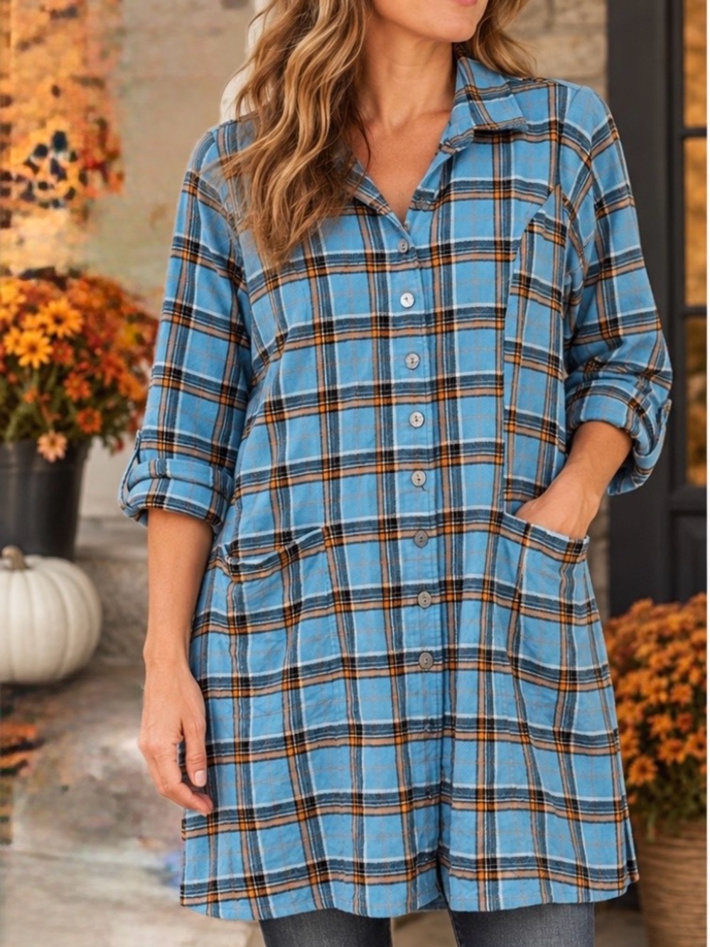 Blue Sky Larissa Plaid Flannel Tunic Shirt Jacket Blue Orange L